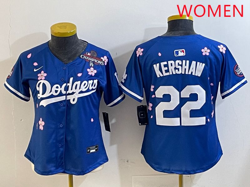 Women Los Angeles Dodgers #22 Kershaw Blue White Blue Sakura Edition 2025 Nike MLB Jersey style 5